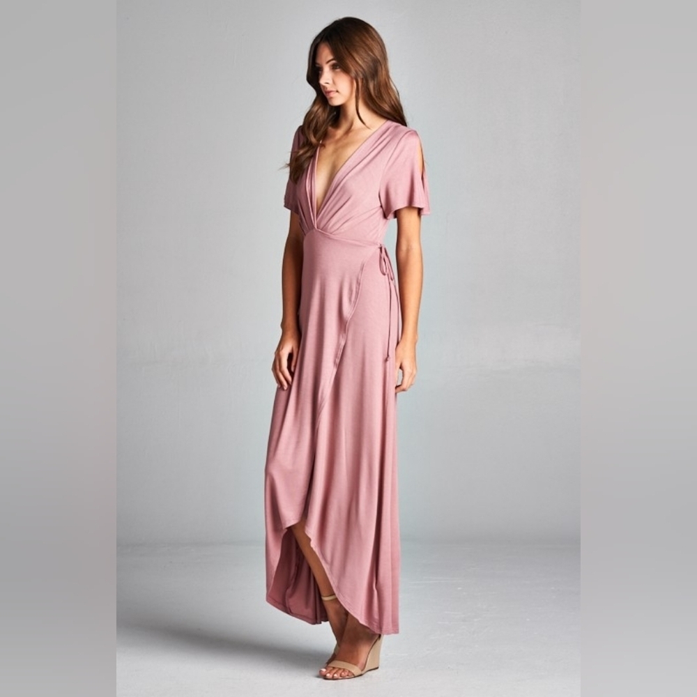 Mauve Rayon Jersey Flutter Sleeve Wrap Maxi High Low Coquette Dress